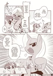 Size: 1200x1718 | Tagged: safe, artist:akira bano, derpibooru import, trixie, twilight sparkle, pony, unicorn, doujin, engrish, female, mare, monochrome