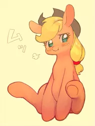 Size: 789x1043 | Tagged: safe, artist:hotomura, derpibooru import, applejack, earth pony, pony, blushing, female, mare, scrunchy face, simple background, sitting, solo