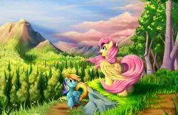Size: 5100x3300 | Tagged: safe, artist:grennadder, derpibooru import, fluttershy, rainbow dash, pegasus, pony, absurd resolution, backwards cutie mark, cute, dashabetes, duo, duo female, female, flutterbutt, forest, grass, looking up, mountain, open mouth, plot, scenery, scenery porn, shyabetes, sky, smiling, tree, wind
