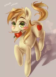Size: 2343x3244 | Tagged: safe, artist:my-magic-dream, derpibooru import, braeburn, apple, behaving like a dog, braebetes, cute, hatless, high res, missing accessory, mouth hold, needs more jpeg, solo
