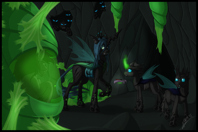 Size: 1024x684 | Tagged: artist:ashskye, changeling, cocoon, derpibooru import, king sombra, queen chrysalis, safe