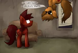Size: 1280x871 | Tagged: safe, artist:marsminer, derpibooru import, oc, oc:mars miner, oc:venus spring, unofficial characters only, earth pony, pony, braces, couch, dialogue, dilated pupils, drugs, eye contact, female, floppy ears, frown, hallucination, looking at each other, lsd, male, mare, marspring, speech bubble, stallion, upside down, wat, wavy mouth, wide eyes, worried