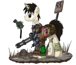 Size: 3500x3000 | Tagged: safe, artist:template93, derpibooru import, pinkie pie, oc, oc:template, earth pony, pony, unicorn, fallout equestria, fanfic, bags, bandage, binoculars, clothes, diorama, dirty, fanfic art, female, glowing horn, gun, high res, hooves, horn, levitation, magic, male, mare, mini nuke, minigun, ministry mares, nuka cola, pipbuck, plushie, saddle bag, scarf, solo, speed sign, stallion, telekinesis, weapon