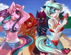 Size: 3850x2975 | Tagged: safe, artist:ladypixelheart, derpibooru import, oc, oc:crystal nile, oc:shadow scope, oc:sonate, unofficial characters only, anthro, pegasus, unicorn, armpits, belly button, bikini, clothes, high res, squirt gun, swimsuit, watergun, watergun fight