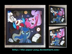 Size: 1280x958 | Tagged: safe, artist:the-paper-pony, derpibooru import, pinkie pie, princess luna, vinyl scratch, book, commission, craft, irl, photo, shadowbox