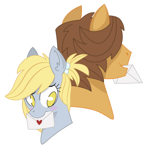 Size: 955x957 | Tagged: safe, artist:dbkit, derpibooru import, derpy hooves, hoops, pegasus, pony, alternate hairstyle, blush sticker, blushing, bust, ditzyhoops, female, letter, mare, pen pals