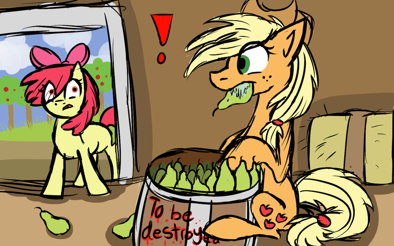 Size: 1024x640 | Tagged: safe, artist:ashtrol, derpibooru import, apple bloom, applejack, earth pony, pony, barrel, caught, colored sketch, dishonorapple, eating, fruit heresy, heresy, hilarious in hindsight, pear, pearesy, pearjack