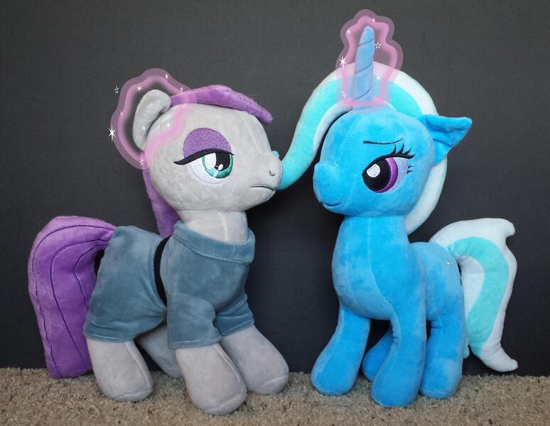 Size: 2500x1938 | Tagged: safe, artist:cheezedoodle96, artist:onlyfactory, derpibooru import, maud pie, trixie, pony, unicorn, ear scratch, female, irl, lesbian, magic, mare, mauxie, photo, plushie, shipping, telekinesis