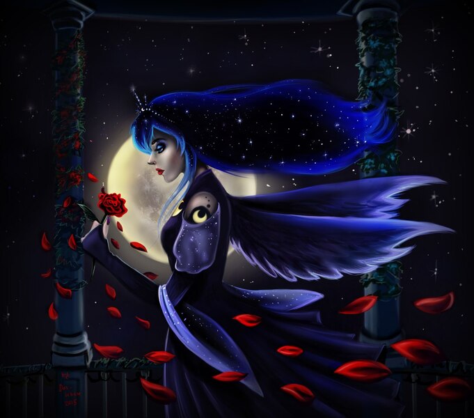 Size: 1162x1024 | Tagged: artist:das_leben, derpibooru import, human, humanized, moon, princess luna, rose, safe, solo