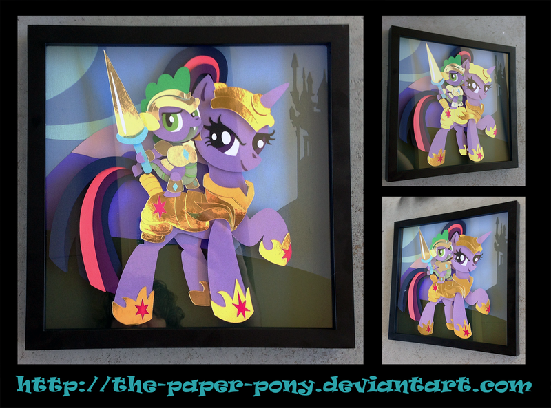 Size: 1600x1186 | Tagged: safe, artist:the-paper-pony, derpibooru import, spike, twilight sparkle, dragon, pony, unicorn, armor, commission, craft, dragons riding ponies, duo, female, helmet, irl, lance, male, mare, photo, ponytail, riding, shadowbox, spear, unicorn twilight, weapon