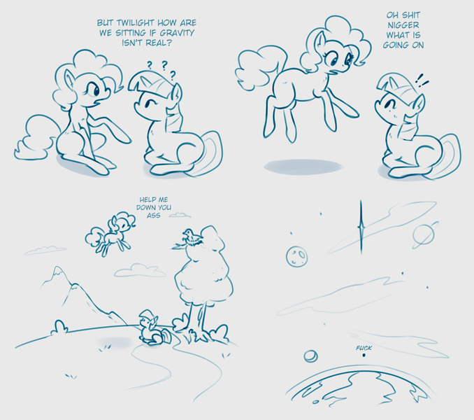 Size: 799x707 | Tagged: artist needed, blank flank, comic, derpibooru import, gravity, monochrome, moon, physics, pinkie pie, planet, safe, tree, twilight sparkle, vulgar, world