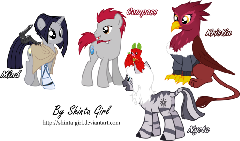 Size: 1024x601 | Tagged: safe, artist:shinta-girl, derpibooru import, oc, oc:compass, oc:kristin, oc:mind, unofficial characters only, fruit bat, gryphon, zebra, group