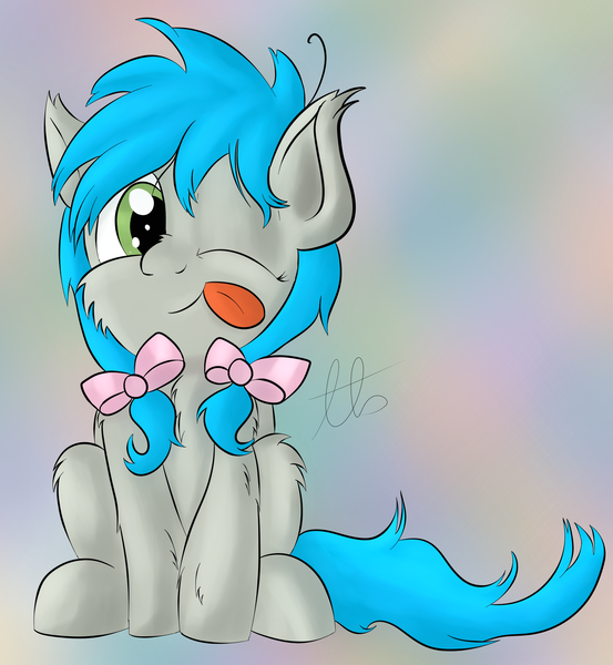 Size: 2422x2630 | Tagged: safe, artist:laptopbrony, derpibooru import, oc, oc:darcy sinclair, unofficial characters only, :p, bow, cute, fluffy, hair bow, looking at you, sitting, solo, tongue out, wink