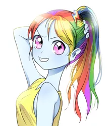 Size: 800x900 | Tagged: safe, artist:quizia, derpibooru import, rainbow dash, equestria girls, alternate hairstyle, armpits, clothes, grin, hair ornament, looking at you, looking back, ponytail, shirt, simple background, smiling, smirk, solo, tanktop, white background
