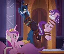 Size: 1024x862 | Tagged: artist:radiantrealm, bondage, bound wings, cloth gag, derpibooru import, gag, princess cadance, queen chrysalis, role reversal, rope, rope bondage, show accurate, show accurate porn, starlight glimmer, suggestive, suspended, the cutie map