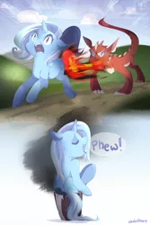 Size: 1600x2400 | Tagged: safe, artist:skaiah, derpibooru import, trixie, dragon, pony, unicorn, burn, burned, burned butt, burned butt fetish, butt fire, comic, female, fire, literal butthurt, mare, pain