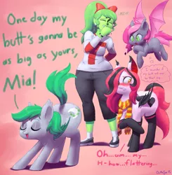 Size: 1617x1650 | Tagged: source needed, suggestive, artist:outta sync, derpibooru import, oc, oc:arrhythmia, oc:femanon, oc:heartbeat, oc:ivy, unofficial characters only, bat pony, human, pony, aspiration, blushing, bow, butt envy, clothes, embarrassed, eyes closed, fangs, flying, frown, grin, gritted teeth, hair bow, hair over one eye, jeans, laughing, nervous, open mouth, pants, plot, plump, presenting, raised hoof, raised tail, scarf, shoes, smiling, socks, t-shirt, thought bubble, watch