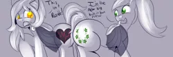 Size: 4800x1600 | Tagged: suggestive, artist:cosmonaut, derpibooru import, oc, oc:arrhythmia, oc:ivy, unofficial characters only, bat pony, pony, absurd resolution, bat wings, butt bump, butt to butt, butt touch, d:, duo, duo female, female, females only, frown, heresy, looking back, older, open mouth, plot, raised hoof, shocked, smiling, wide eyes