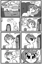 Size: 1280x1930 | Tagged: safe, artist:tjpones, derpibooru import, oc, oc:brownie bun, oc:richard, unofficial characters only, earth pony, human, pony, horse wife, :o, air conditioner, are you a wizard, clothes, comic, dilated pupils, exclamation point, female, frown, heavy breathing, hot, human male, male, mare, monochrome, onomatopoeia, open mouth, shrunken pupils, sweat, tumblr, wide eyes