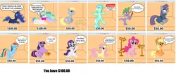 Size: 1536x643 | Tagged: safe, artist:vincentthecrow, derpibooru import, applejack, derpy hooves, fluttershy, lyra heartstrings, maud pie, pinkie pie, princess celestia, princess luna, rainbow dash, rarity, spike, twilight sparkle, twilight sparkle (alicorn), alicorn, pony, barcode, bronybait, choice, dilemma, female, mane seven, mane six, mare, pick one, ponies for sale, preening, price tag, puppy dog eyes, signs, speech bubble, talking, talking to viewer, thought bubble