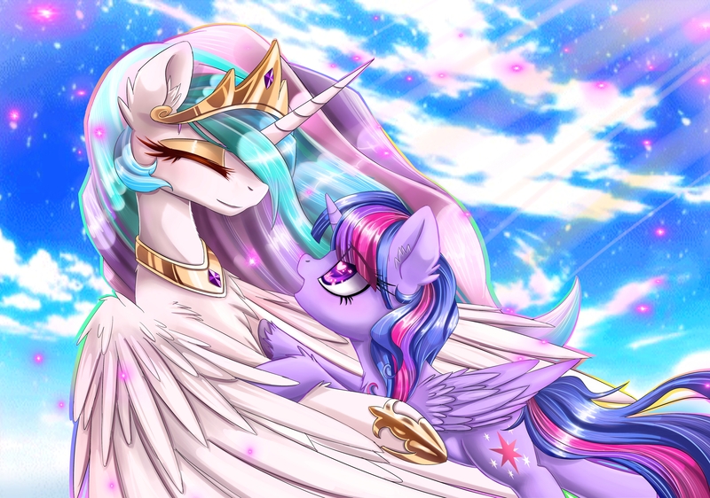 Size: 5693x4000 | Tagged: safe, artist:magnaluna, derpibooru import, princess celestia, twilight sparkle, twilight sparkle (alicorn), alicorn, pony, absurd resolution, chest fluff, cloud, crown, ear fluff, eyes closed, female, heart, jewelry, lesbian, mare, regalia, shipping, sky, twilestia, unshorn fetlocks