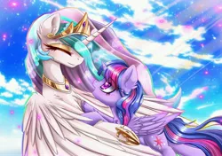 Size: 5693x4000 | Tagged: safe, artist:magnaluna, derpibooru import, princess celestia, twilight sparkle, twilight sparkle (alicorn), alicorn, pony, absurd resolution, chest fluff, cloud, crown, ear fluff, eyes closed, female, heart, jewelry, lesbian, mare, regalia, shipping, sky, twilestia, unshorn fetlocks