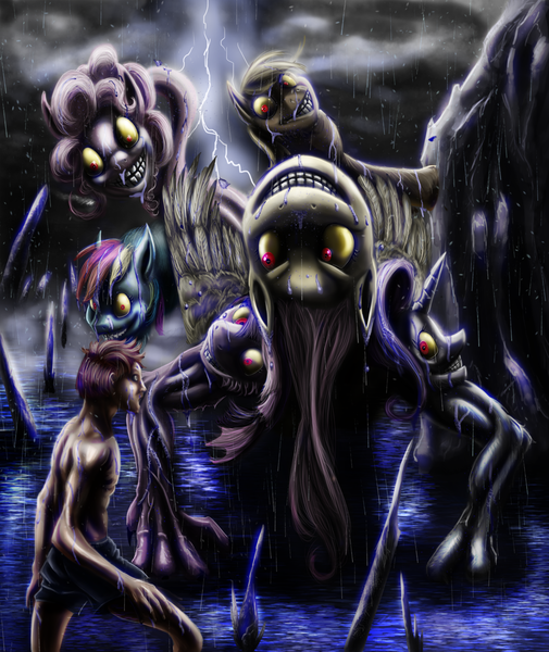 Size: 1024x1217 | Tagged: abomination, applejack, artist:thejoker239, creepy smile, curse, dark, derpibooru import, discord, fanfic art, fanfic:the lost element, fluttershy, horror, human, lightning, mane six, nightmare, nightmare fuel, pinkie pie, rain, rainbow dash, rarity, rock, scary, semi-grimdark, smiling, surreal, twilight sparkle, water