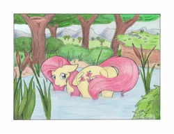 Size: 1200x927 | Tagged: artist:michael thompson, bush, color, derpibooru import, female, fluttershy, looking at you, pencil drawing, pond, reeds, safe, solo, tail, traditional art, tree, water