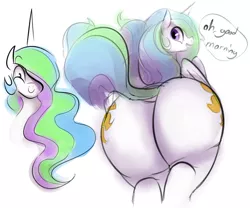 Size: 790x656 | Tagged: suggestive, artist:dotkwa, derpibooru import, princess celestia, alicorn, pony, both cutie marks, cheerful, cutie mark, dialogue, dock, ethereal mane, female, flowing mane, grin, hair over one eye, looking at you, looking back, mare, multicolored mane, multicolored tail, plot, praise the sun, purple eyes, sexy, simple background, smiling, solo, solo female, stupid sexy celestia, sunbutt, the ass was fat, white background, wings