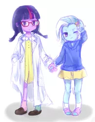 Size: 781x1000 | Tagged: safe, artist:weiliy, derpibooru import, sci-twi, trixie, twilight sparkle, equestria girls, clothes, cute, diatrixes, female, glasses, holding hands, hoodie, lab coat, lesbian, pigtails, sci-twixie, shipping, shoes, skirt, socks, twintails, twixie, younger