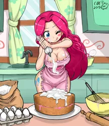 Size: 1428x1654 | Tagged: suggestive, artist:crimsonbugeye, derpibooru import, pinkie pie, human, :p, adorasexy, apron, baking, blushing, breasts, busty pinkie pie, cake, cleavage, clothes, creamy creamy frosting, cute, cutie mark, diapinkes, downblouse, egg (food), female, flour, food, frosting, heart, humanized, icing bag, indoors, kitchen, lollipop, naked apron, sexy, solo, solo female, sweet dreams fuel, tongue out