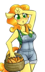 Size: 958x1536 | Tagged: adorasexy, anthro, artist:jitterbugjive, between breasts, breasts, busty carrot top, carrot, carrot top, cleavage, cute, derpibooru import, female, full service playing cards, golden harvest, overalls, sexy, solo, suggestive, sweat