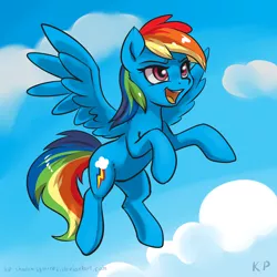 Size: 1500x1500 | Tagged: artist:kp-shadowsquirrel, derpibooru import, flying, open mouth, rainbow dash, raised hoof, safe, solo, spread wings