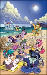Size: 900x1433 | Tagged: safe, artist:andypriceart, derpibooru import, idw, applejack, fluttershy, pinkie pie, princess celestia, princess luna, rainbow dash, rarity, spike, twilight sparkle, twilight sparkle (alicorn), alicorn, opossum, pony, shark, alternate hairstyle, angry, balloon, beach, book, chase, clothes, female, floppy ears, frown, glare, gritted teeth, hat, hilarious in hindsight, kite, looking back, magazine, mane seven, mane six, mare, ocean, on back, one-piece swimsuit, open mouth, pointing, rage, raised hoof, raised leg, reading, sand, sand castle, scared, smiling, snorkel, spread wings, sun hat, sunglasses, sunscreen, swimsuit, towel, underhoof, volleyball, water balloon, wet mane