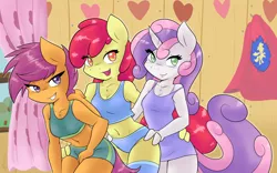 Size: 1280x797 | Tagged: suggestive, artist:ambris, derpibooru import, apple bloom, scootaloo, sweetie belle, anthro, earth pony, pegasus, unicorn, comic:slumber party, bedroom eyes, belly button, blue underwear, boxers, boyshorts, bra, bra strap, breasts, butt touch, clothes, colored pupils, crop top bra, cutie mark crusaders, explicit source, female, green underwear, hand on butt, jailbait, midriff, multiple variants, nightgown, older, open mouth, pajamas, panties, smiling, socks, stockings, tanktop, underwear