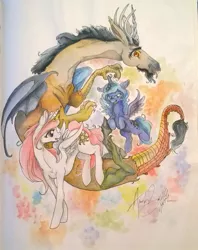 Size: 759x960 | Tagged: artist:queenanneka, derpibooru import, discord, princess celestia, princess luna, s1 luna, safe, traditional art