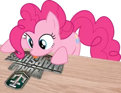 Size: 900x691 | Tagged: artist:patec, derpibooru import, image macro, licking, logo, meme, pinkie pie, safe, screencap, simple background, solo, table, transparent background, vector, world of warships