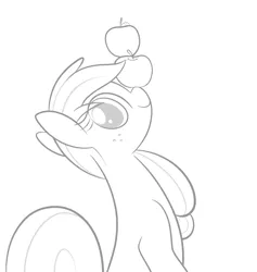 Size: 3136x3314 | Tagged: apple, applejack, artist:b-epon, balancing, cute, derpibooru import, grayscale, hatless, jackabetes, looking at you, missing accessory, monochrome, ponies balancing stuff on their nose, safe, smiling, solo, that pony sure does love apples