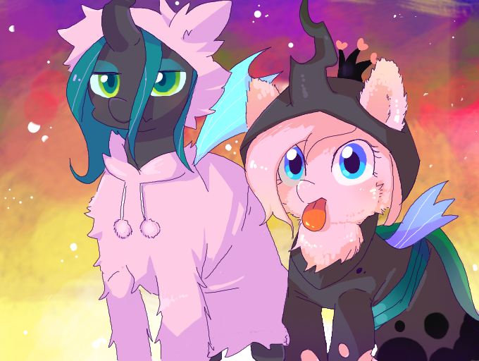 Size: 680x512 | Tagged: safe, artist:miki 14, derpibooru import, queen chrysalis, oc, oc:fluffle puff, changeling, changeling queen, pony, canon x oc, chrysipuff, clothes, cosplay, costume, cute, cutealis, female, flufflebetes, hoodie, lesbian, shipping, tongue out