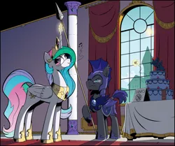 Size: 1884x1574 | Tagged: safe, artist:wandrevieira1994, derpibooru import, princess celestia, princess luna, oc, oc:au hasard, bat pony, pony, armor, cake, cakelestia, canterlot castle, cherry, duo, ear fluff, female, figure, frown, glare, glowing horn, guard, i can't believe it's not idw, jewelry, levitation, looking away, magic, male, mare, music notes, night guard, nonchalant, pure unfiltered evil, regalia, smiling, spear, stallion, stealing, telekinesis, this will end in tears, trollestia, weapon, whistling, window