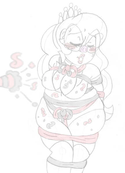 Size: 1537x2137 | Tagged: artist:blackbewhite2k7, bbw, blushing, bondage, breast bondage, breasts, chubby diamond, clothes, commission, confetti, costume, derpibooru import, diamond tiara, fat, female, human, humanized, innuendo, monochrome, pig nose, questionable, sketch, streamers, the capitalist piglette, tied up, wip