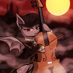 Size: 750x750 | Tagged: safe, artist:lumineko, derpibooru import, octavia melody, bat pony, pony, vampire, vampony, 30 minute art challenge, bat ponified, batavia, cello, clothes, earring, fangs, frown, glare, hoof hold, looking at you, musical instrument, piercing, race swap, solo, spread wings
