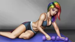 Size: 1920x1080 | Tagged: abs, artist:jay156, belly button, bellyring, breasts, cleavage, clothes, derpibooru import, female, human, humanized, midriff, muscles, piercing, rainbow dash, sexy, solo, solo female, sports bra, sports shorts, stomach piercing, stupid sexy rainbow dash, suggestive, weights