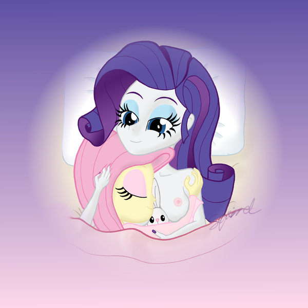 Size: 1024x1024 | Tagged: questionable, artist:cybersquirrel, derpibooru import, angel bunny, fluttershy, rarity, equestria girls, breast pillow, breasts, busty rarity, female, flarity, lesbian, nail polish, nipples, nudity, shipping