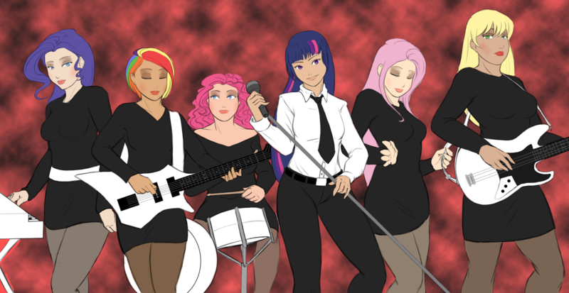 Size: 1280x661 | Tagged: addicted to love, applejack, artist:eve-ashgrove, bass guitar, derpibooru import, drums, electric guitar, eyeshadow, fluttershy, guitar, human, humanized, keyboard, lipstick, mane six, microphone, musical instrument, music video reference, pinkie pie, rainbow dash, rarity, robert palmer, safe, tambourine, twilight sparkle