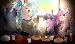 Size: 1280x747 | Tagged: safe, artist:thepoisonjackal, derpibooru import, princess cadance, princess celestia, princess luna, twilight sparkle, twilight sparkle (alicorn), alicorn, pony, ask majesty incarnate, alicorn tetrarchy, blog fanart, clothes, curved horn, female, food, mare, nose horn, pancakes, spoon, syrup, whipped cream