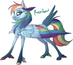 Size: 1280x1126 | Tagged: alternate design, artist:thepoisonjackal, claws, colored hooves, colored wings, colored wingtips, derpibooru import, feather, feathered fetlocks, grin, looking at you, multicolored wings, rainbow dash, rainbow feathers, realistic horse legs, safe, simple background, solo, tail feathers, transparent background
