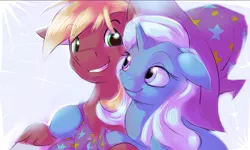 Size: 1455x875 | Tagged: safe, artist:gsphere, derpibooru import, big macintosh, trixie, earth pony, pony, crack shipping, cute, diatrixes, female, floppy ears, grin, hug, male, mare, shipping, smiling, stallion, straight, trixmac