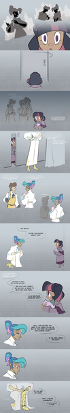 Size: 900x5234 | Tagged: artist:egophiliac, clothes, coat, comic, crystal, dark crystal, derpibooru import, doctor, doctor horse, doctor stable, flashback, gigli saw, glowing sciency stuff, gray background, humanized, night light, nurse, nurse coldheart, princess celestia, prosthetic leg, prosthetic limb, prosthetics, robot, safe, saw, sillhouette, simple background, spike, steampunk, steamquestria, twilight sparkle, twilight velvet, younger