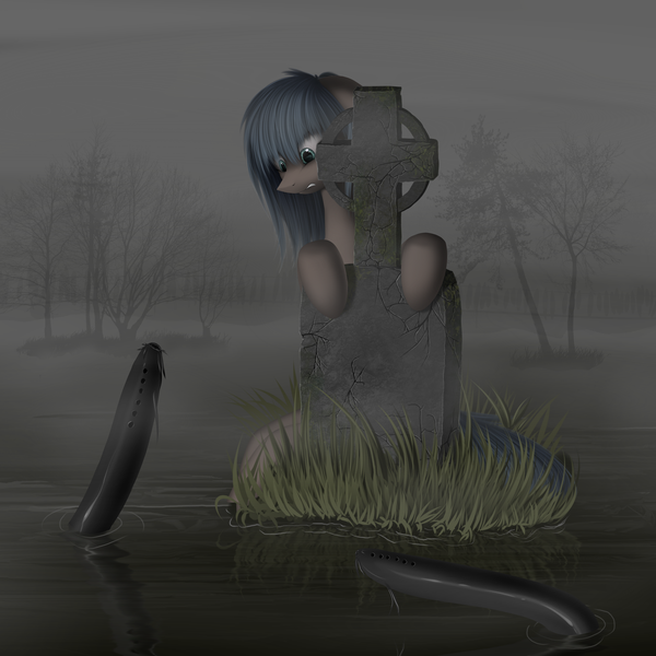 Size: 4000x4000 | Tagged: artist:f13proxima, derpibooru import, eel, fog, gravestone, hiding, oc, safe, unofficial characters only, water, worried